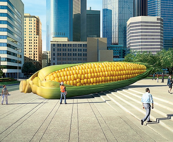 Image of giant corn in city